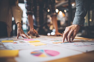 Obraz premium Close-up of team collaboration, hands on charts, graphs & sticky notes