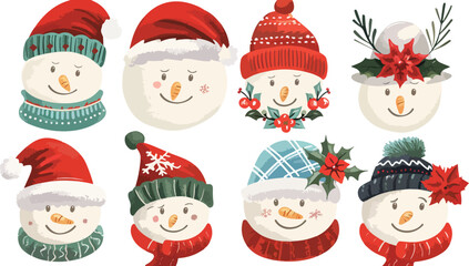 Set of cartoon snowmen with hats and decorations