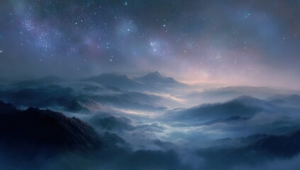 Misty mountain range, starlit sky
