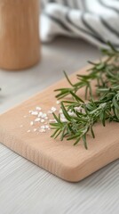 Fresh Rosemary Sprigs and Coarse Sea Salt on a Wooden Cutting Board