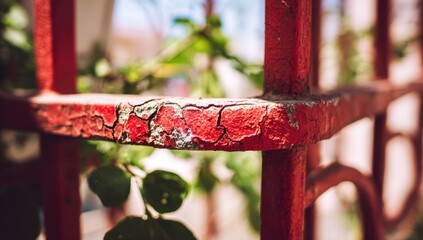 Close-up of a weathered red metal fence corner.  Peeling paint reveals rusty metal beneath.  Vines and greenery grow through the structure