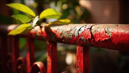 Weathered red metal railing with vibrant green leaves