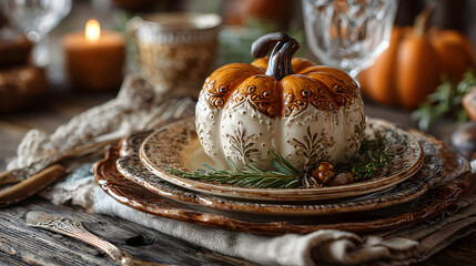 Autumn place setting with ceramic pumpkin, Thanksgiving day