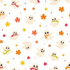 Fototapeta premium Ghost Kawaii Seamless Patterns Tile Design, Playful Ghosts and Colorful Leaves Pattern for Fun Autumn Seasonal Design Projects