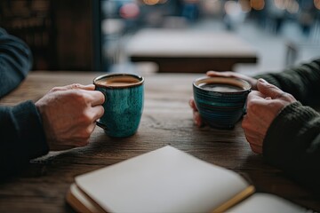 Two people, hands holding coffee cups, at a wooden table in a cafe
