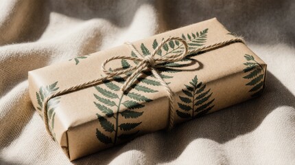 Eco-styled rectangular gift features kraft wrapping, fern leaf decoration, and a twine bow, arranged on natural textured linen for a warm boho look.