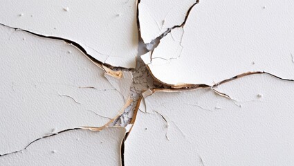 A close up of cracked and peeling white paint surface with visible brown underlying layers texture