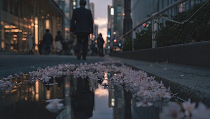 Obraz premium City street at dusk, petals in puddle