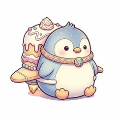 Adorable cartoon penguin with a rocket-powered birthday cake, ready for a sweet adventure!