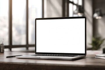 Fototapeta premium Close-up of a laptop with a blank white screen on a desk in a modern office setting, ideal for design presentations and marketing concepts.
