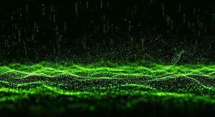 Vibrant Green Particle Waveform with Cascading Digital Rain