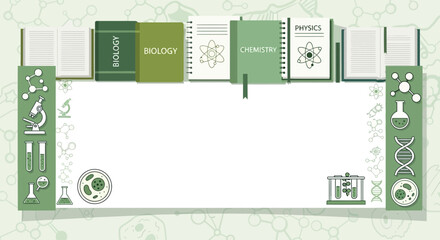 Educational Background with Science Books and Icons for Biology Chemistry and Physics