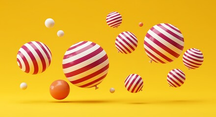Fototapeta premium Vibrant Red and White Striped Balloons Floating Joyfully on a Sunny Yellow Background