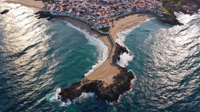 Stunning Aerial View of Baleal Peninsula Vibrant Coastal Townscape, Inviting Roadway, and Breathtaking Scenery.