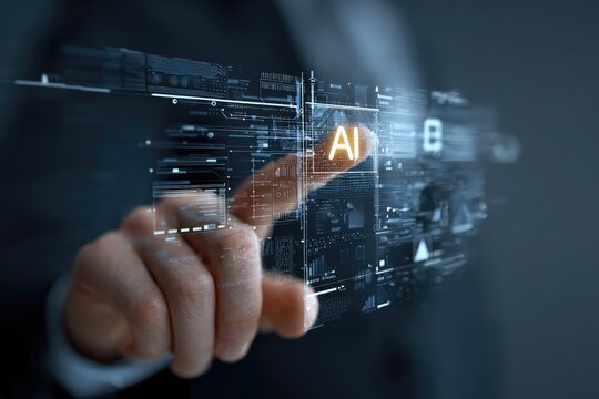 A hand in a suit interacts with a holographic AI interface