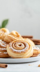 Fototapeta premium Golden Cinnamon Rolls Dusted with Powdered Sugar on a White Plate