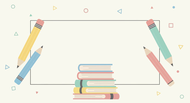 Creative education themed frame background with books and colorful pencils illustration