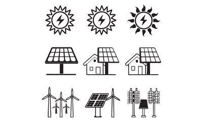 Obraz premium Energy and Industry Icons Solar, Wind, Factory, Power Plant, Recycle, and Industrial Vector Set