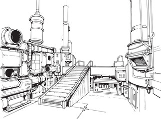 Fototapeta premium Factory, technical room, futurism, industry, equipment, mechanisms. Hand drawn vector illustration 