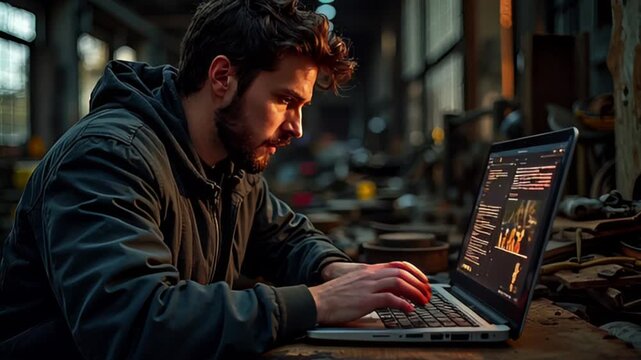 A focused man with a beard working on a laptop in a workshop environment, coding.