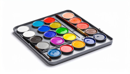 A set of watercolor paints arranged neatly in a metal palette, placed on a clean white background with soft shadows. Includes a few paintbrushes and subtle splashes of color for a creative touch.