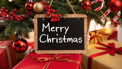 A merry christmas chalkboard sign with gifts and ornaments under a christmas tree indoors scene