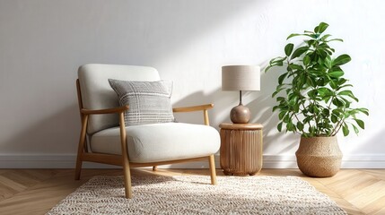 Beige armchair with wooden lamp on jute rug, green plant in woven pot, Scandinavian-inspired modern living room interior.