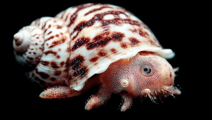 Close-up of a seashell snail with intricate patterns and a pink, textured head
