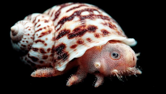 Close-up of a seashell snail with intricate patterns and a pink, textured head