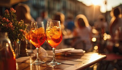 Obraz premium Aperol Spritz cocktails at an outdoor cafe at sunset