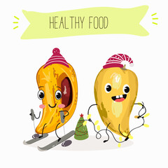 Canistel, Pouteria campechiana fruits, eggfruit thailand meal funny characters, hand drawn vector art.