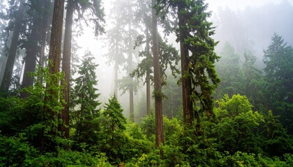 Fototapeta premium A serene forest scene shrouded in mist, showcasing tall trees and vibrant greenery, evoking a sense of tranquility and connection to nature.
