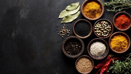 Assorted spices in small bowls on dark background (1)
