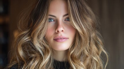 Naklejka premium Beautiful woman with long, wavy balayage hair in a salon, natural glow, soft lighting, blurred background emphasizing her radiant skin and stylish hairstyle.