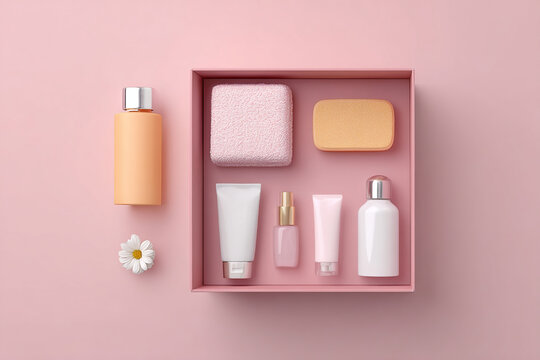 Elevated view of a beauty product set in a pink box, featuring creams, lotions, sponges, and a chamomile against a pink background.