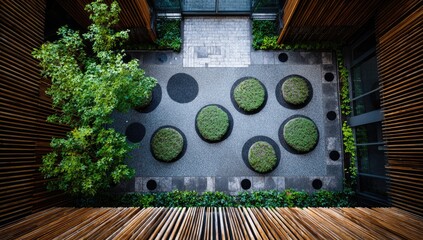 High-angle view of a modern courtyard garden.  Wooden panels frame a gravel-covered courtyard, with circular planters holding small plants.  Several trees and greenery are present