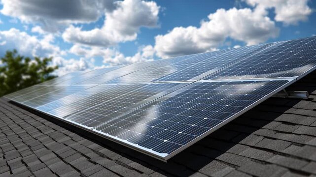 Rooftop solar panels gleaming under the sun on a beautiful, cloudless day.