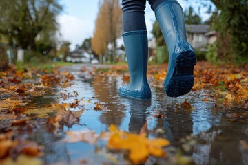 Person walking in rain boots through a puddle