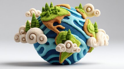 A whimsical clay globe depicts a stylized Earth with clouds and trees.