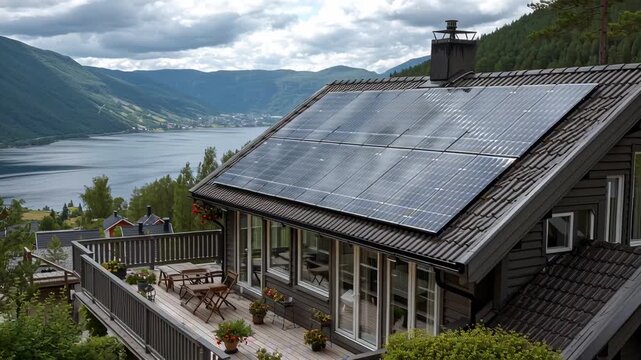 A clear sunny day highlights solar panels mounted on the roof of a modern home