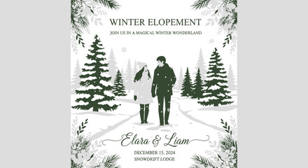 Elegant winter elopement invitation design featuring a couple in a snowy landscape scene