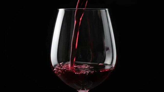 Red wine is poured into a glass against a dark background