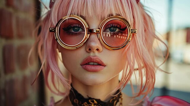 Glamorous Summer Fashion Close-Up of Blonde Woman in Sunglasses with Bold Makeup and Stylish Hair