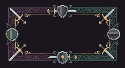 Fantasy Frame with Swords Shields and Celtic Knotwork Border for Game Design and Illustration