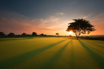Serene sunset over a green field with a lone tree silhouetted against the colorful sky, casting long shadows across the landscape.