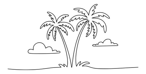 Two palm trees and clouds line drawing tropical nature