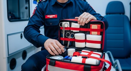 Male paramedic in a blue uniform checking supplies in a red first-aid kit inside an ambulance.