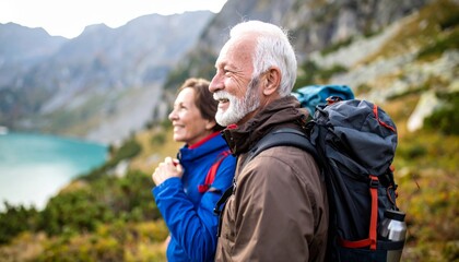 A joyful elderly couple enjoys a scenic hike, surrounded by nature, embodying adventure and companionship in the great outdoors.