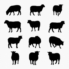 A collection of twelve black sheep silhouettes in various poses, including standing and grazing.