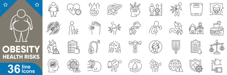 Obesity health risks line icons set. Vector illustration of heart disease, fat, medical, high blood pressure, fast food, mental health and more.